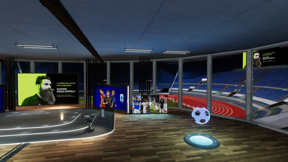 Studio televisivo realizzato in 3D con stadio di calcio sullo sfondo